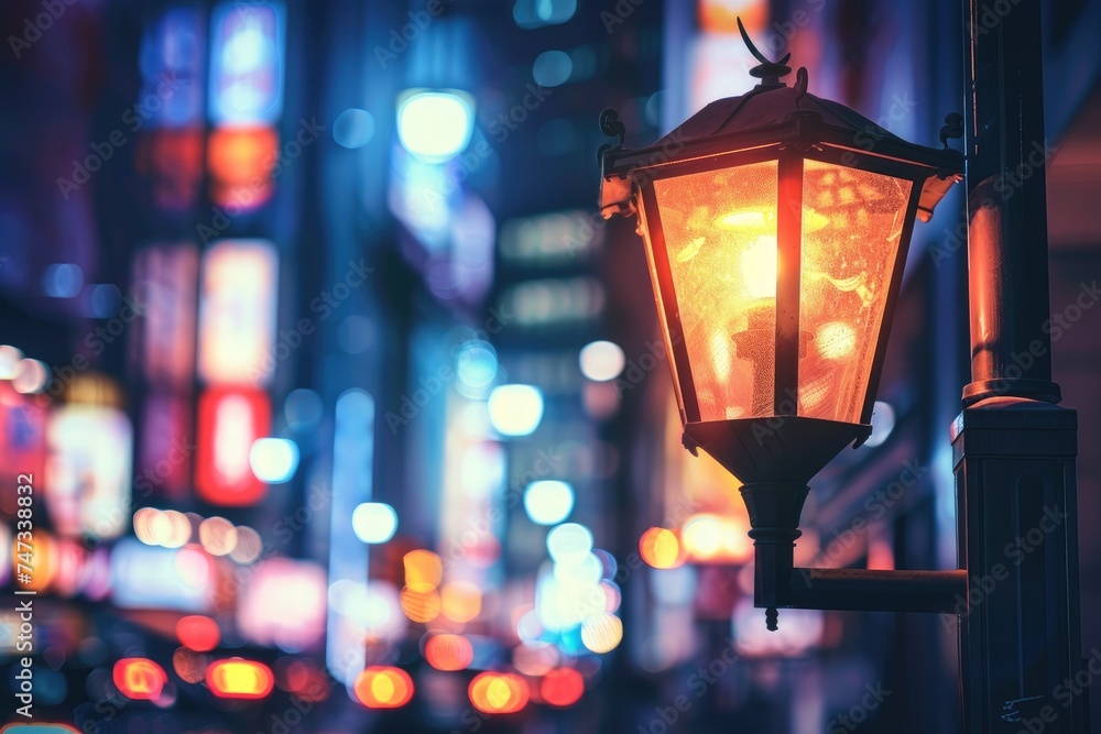 A close-up of an ancient street lamp against the background of a bustling night city, depicting the urban charm of street lighting. A close-up of an ancient street lamp against the background of a bustling night city, depicting the urban charm of street lighting.