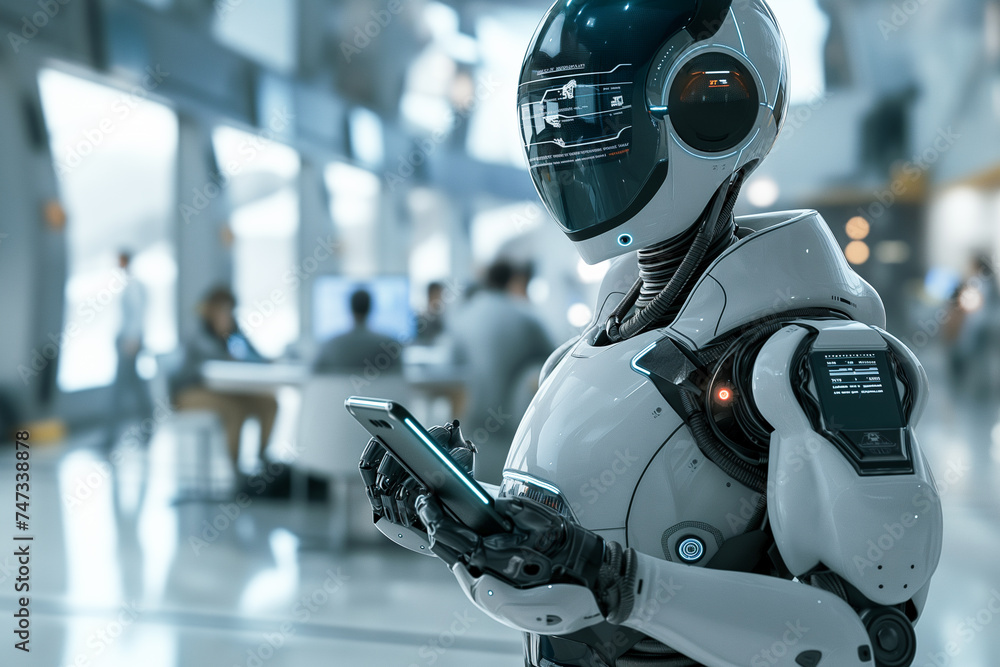 humanoid robot in a busy corporate office, sending SMS messages on a futuristic phone, employees in the background working - obrazy, fototapety, plakaty 