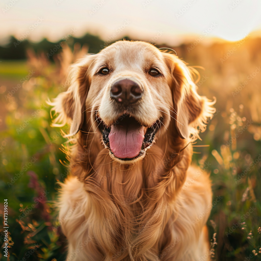 Happy Golden Retriever sitting in a field with tongue out