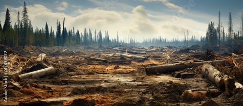 This image shows a vast forest landscape filled with numerous dead trees. The devastation caused by excessive hydrocarbon production has led to boreal forest desertification, resulting in an