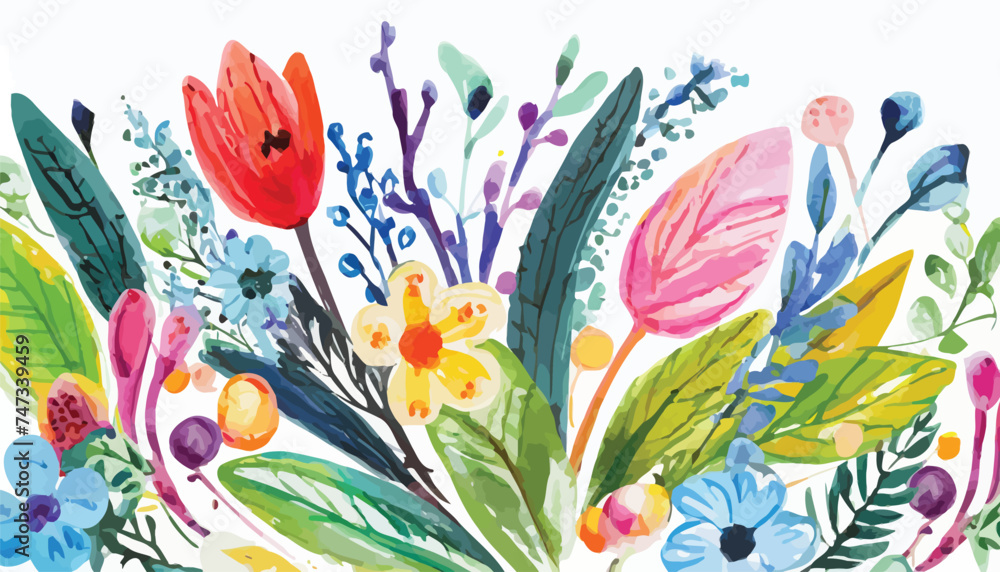Floral greeting card. Vector illustrations of spring cute watercolor flowers, plants, leaves for invitation, pattern or background. Drawings hand-drawn with gouache paints