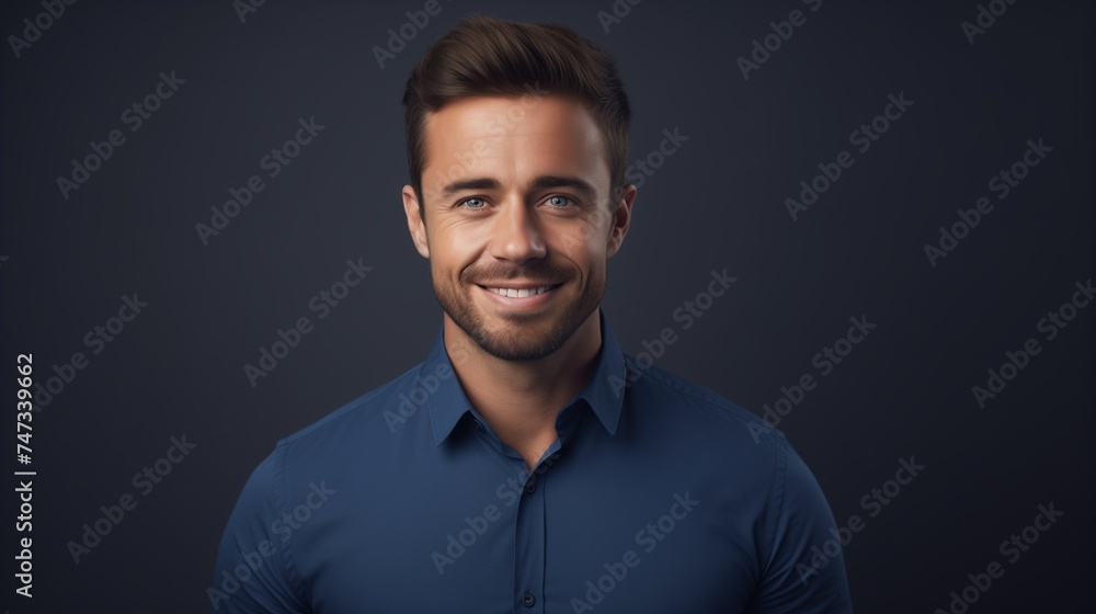 Obraz premium Capture a professional image of a handsome and smiling businessman in a blue shirt, isolated on a gray background