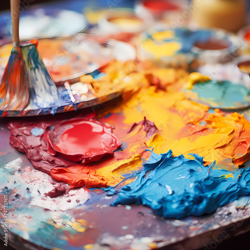 Close-up of a painters palette with vibrant colors © Cao