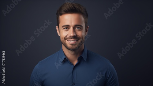 Capture a professional image of a handsome and smiling businessman in a blue shirt, isolated on a gray background