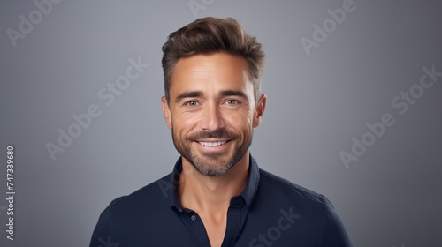 Capture a professional image of a handsome and smiling businessman in a blue shirt, isolated on a gray background