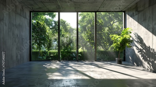 Detailed rendering of an empty concrete room with a large window in a natural setting.
