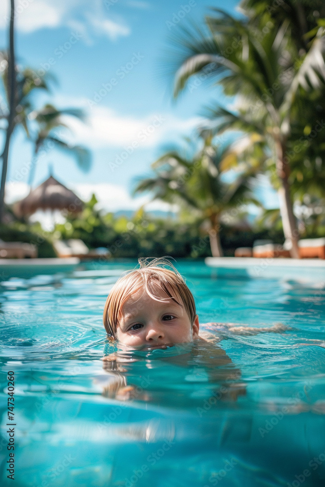 a boy swims in a pool on a tropical island