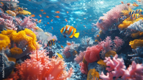 Scene of an underwater coral reef with exotic fishes