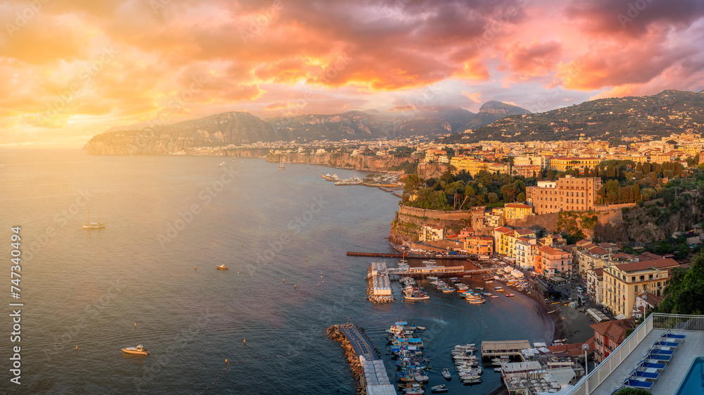 Landscape with Sorrento at sunset time, amalfi coast, Italy