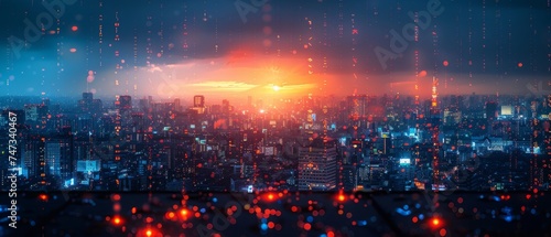 A modern city with wireless network connection and city scape concept. Wireless network and connection technology concept with a city scape background at night.