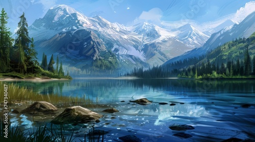 Digital painting of a majestic mountain range with a clear lake in the foreground