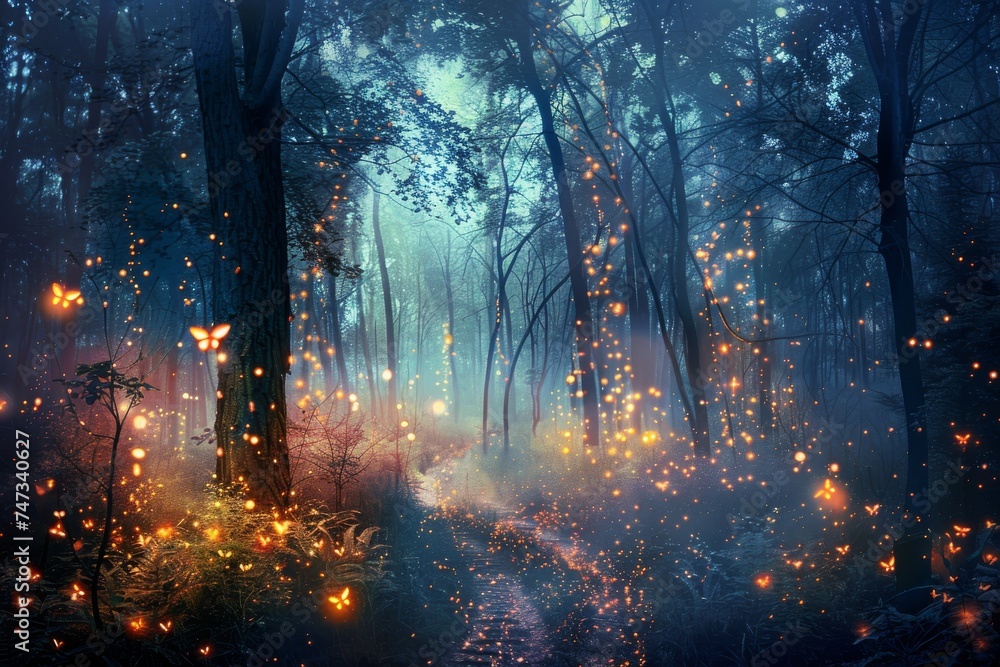 Digital painting of a mystical forest at twilight with magical lights and fantasy elements