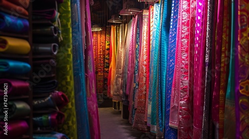 Assorted Colorful Saris on Display in a Textile Shop