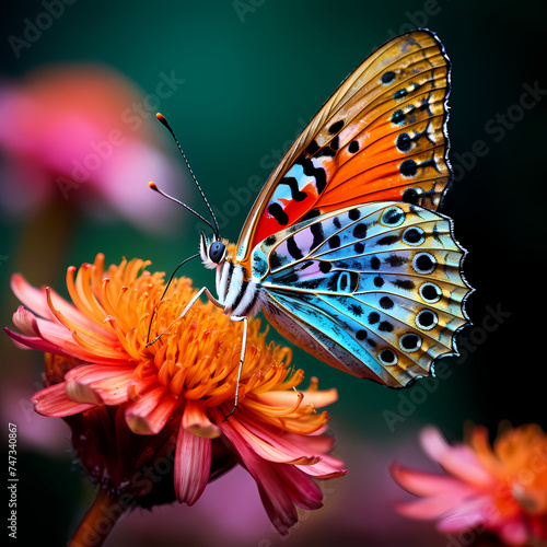 Macro shot of a butterfly on a vibrant flower.