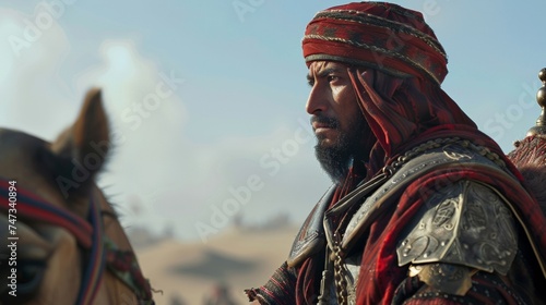 A Mamluk warrior rests on a camel his eyes scanning the horizon for any sign of danger as he and his comrades travel through the desert. photo