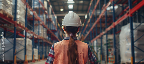 Confident female worker wearing hard hat and safety vest, in industrial warehouse