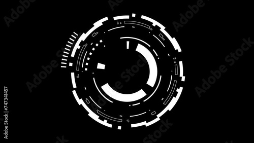 HUD circle user interface on isolated black background. Target searching scope and scanning element theme. Digital Ul and scifi 4K motion graphic footage video.