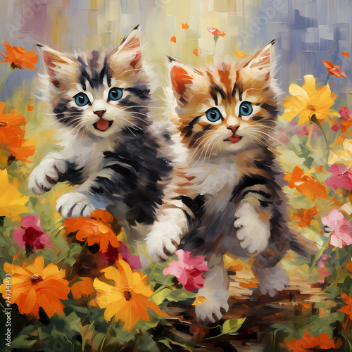 Playful kittens exploring a colorful garden. 