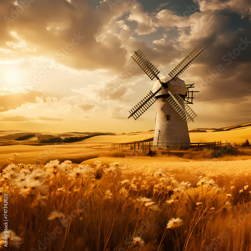 Rustic windmill in a golden wheat field.