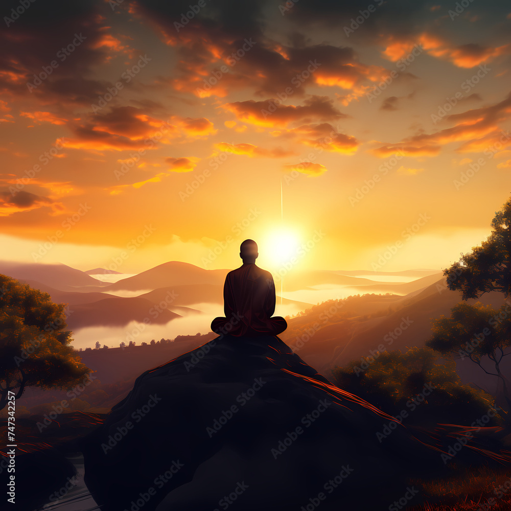 Silhouette of a person meditating on a hill at sunrise