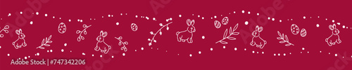 Vector. Cute hand drawn Easter horizontal background with bunnies, easter eggs. Festive background with Easter linear symbols. Copy space for text. Design cards, banners and other promotional items.