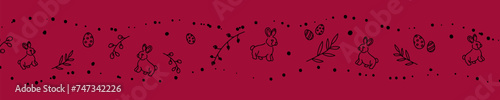 Vector. Cute hand drawn Easter horizontal background with bunnies, easter eggs. Festive background with Easter linear symbols. Copy space for text. Design cards, banners and other promotional items.