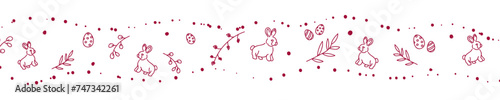 Vector. Cute hand drawn Easter horizontal background with bunnies, easter eggs. Festive background with Easter linear symbols. Copy space for text. Design cards, banners and other promotional items.