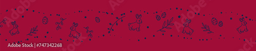 Vector. Cute hand drawn Easter horizontal background with bunnies, easter eggs. Festive background with Easter linear symbols. Copy space for text. Design cards, banners and other promotional items.
