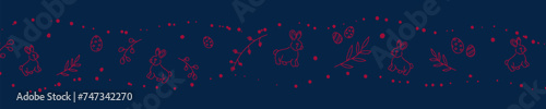 Vector. Cute hand drawn Easter horizontal background with bunnies, easter eggs. Festive background with Easter linear symbols. Copy space for text. Design cards, banners and other promotional items.