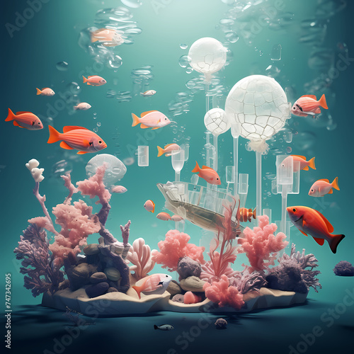 Surreal underwater scene with floating objects.