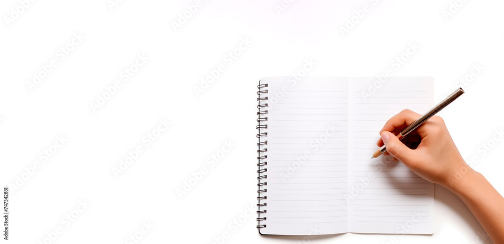 close-up of hands writing into a notepad on a white background, stock photo. mock-up