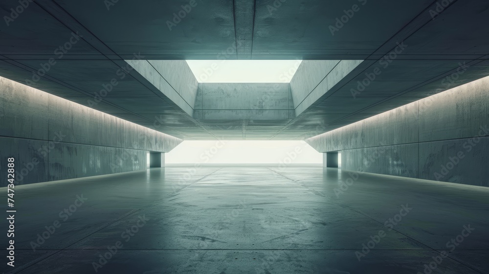 Rendering of abstract futuristic architecture with an empty concrete floor, a background for a car presentation.