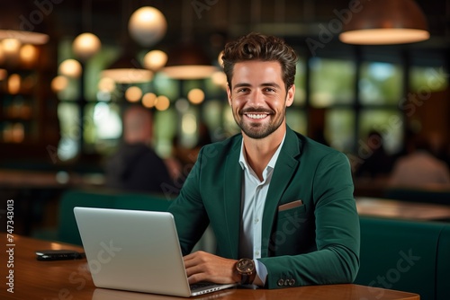 Entrepreneur Working Happily on Laptop in Cafe - Success in Remote Work © Darya