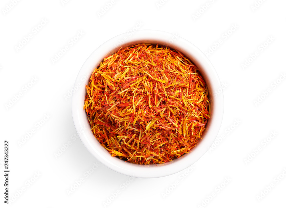 Aromatic saffron in bowl isolated on white, top view Aromatic saffron in bowl isolated on white, top view