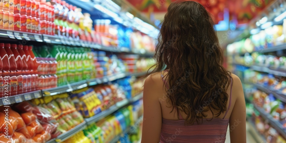 Informed Shopping, Woman Engages in Product Comparison at the Grocery Store, Making Informed Choices for Her Shopping Needs.