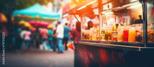 Street food stand. street festival. blurred background. fast food, food market, travel, mockup. soft focus photo