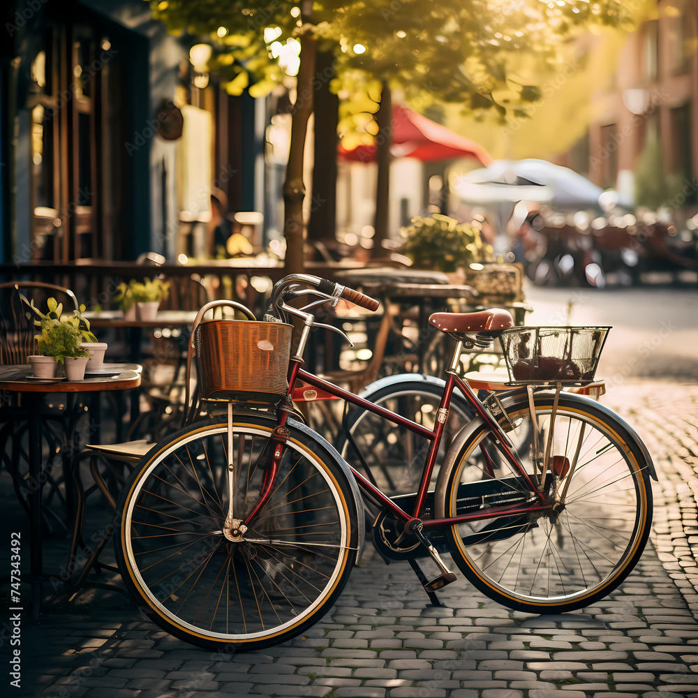 Vintage bicycles parked outside a cafe.