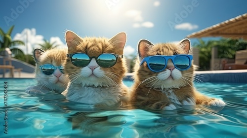 Cats swim in Water outdoor pool at Tropical hotel resort, leisure and luxury relaxation photo