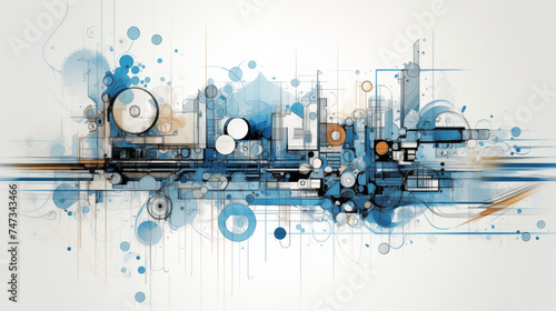 Abstract illustration with technical text mixed with technical and architectural drawings. 
