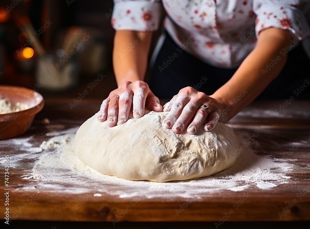 A woman skillfully kneads dough on a wooden table, preparing it for baking.