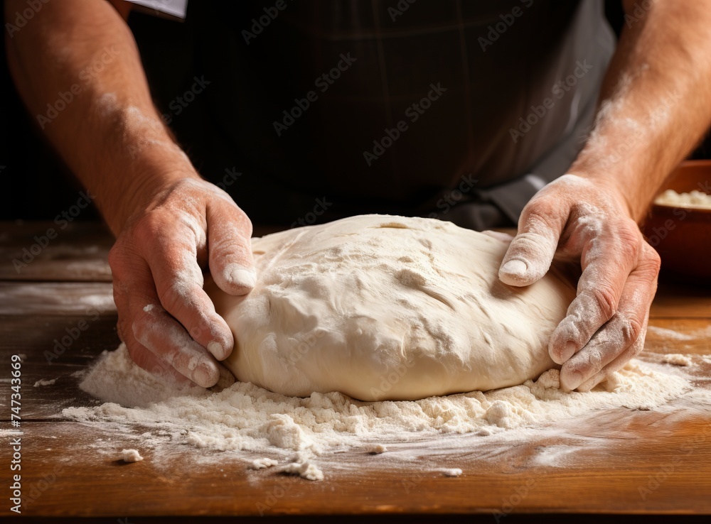 A man kneading dough on a wooden table. Close up