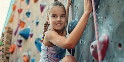Scaling New Heights, Focused Young Girl Ascends Indoor Rock Wall with Confidence and Adventure in Youth Sports.