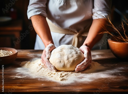 A woman skillfully kneads dough on a wooden table, preparing it for baking.