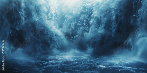 a blue dark water waterfall surrounded by storm cloud