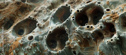 A detailed view of a rocky surface with small holes filled with seawater. The rocks texture and the intricate formations of the holes are visible up close.