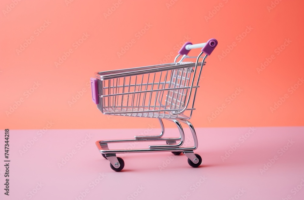Classic Metal Shopping Cart on Vibrant Background, Ideal for Retail Themes.