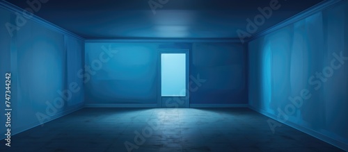 An empty room with two walls painted in shades of blue, creating a simple and clean aesthetic. The room is devoid of furniture or decoration, with only a closed door visible.