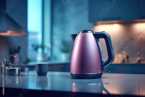 A pink metal teapot is on the table
