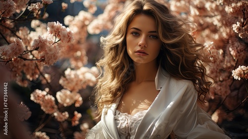 Beautiful model Woman amidst blossoming trees in spring outdoors, natural beauty in a serene female portrait