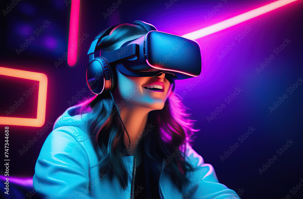 Happy girl playing virtual reality game in vr headset glasses in neon lights. Gamer in goggles with joysticks. Happy girl playing virtual reality game in vr headset glasses in neon lights. Gamer in goggles with joysticks.